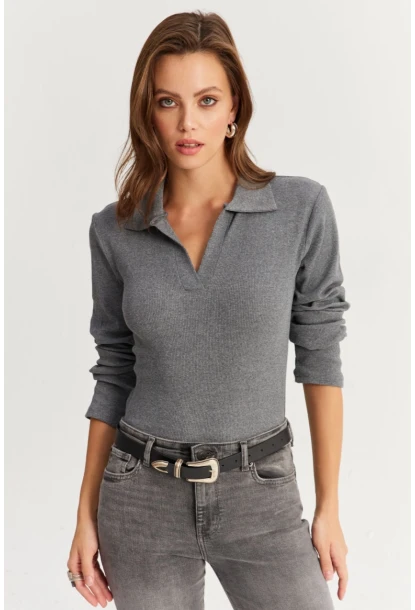 Kadın Antrasit Polo Yaka Kaşkorse Bluz LON3006