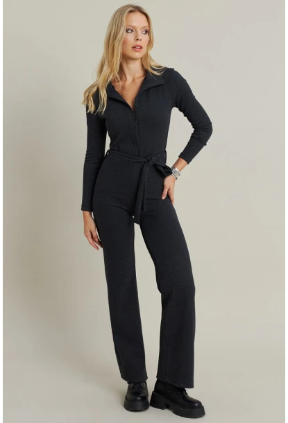 Kadın Antrasit Polo Yaka Kemerli Tulum YLE1099