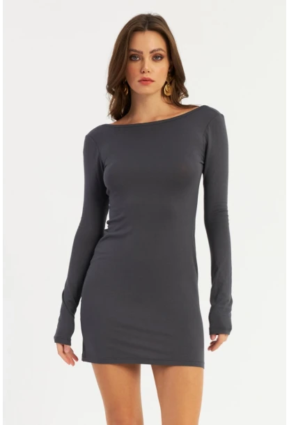 Kadın Antrasit Sırt Dekolteli Mini Elbise HOR36