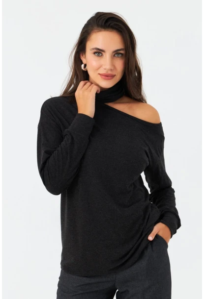 Kadın Antrasit Tek Omuz Açık Balıkçı Bluz EY2981