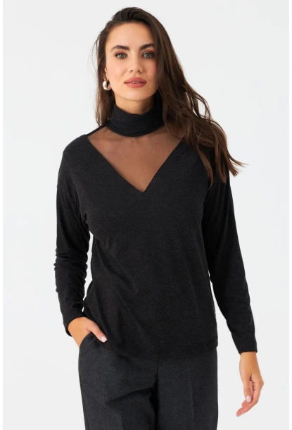 Kadın Antrasit Tül Detaylı Balıkçı Bluz EY2980