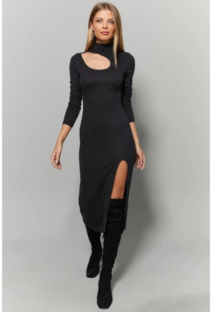 Kadın Antrasit Yaka Pencereli Yırtmaçlı Elbise Yİ1984