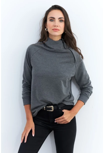 Kadın Antrasit Yakası Fermuarlı Sweatshirt TF11