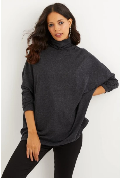 Kadın Antrasit Yarasa Kol Balıkçı Bluz EY1049