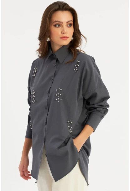 Kadın Antrasit Zımbalı Gömlek MASF1