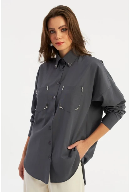 Kadın Antrasit Zımbalı Gömlek MASF2