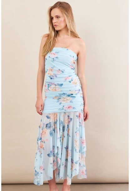 Kadın Bebe Mavi Drapeli Straplez Midi Tül Elbise ERL101