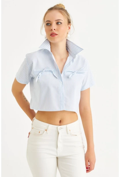 Kadın Bebe Mavi Kurdele Detaylı Crop Gömlek MPC302