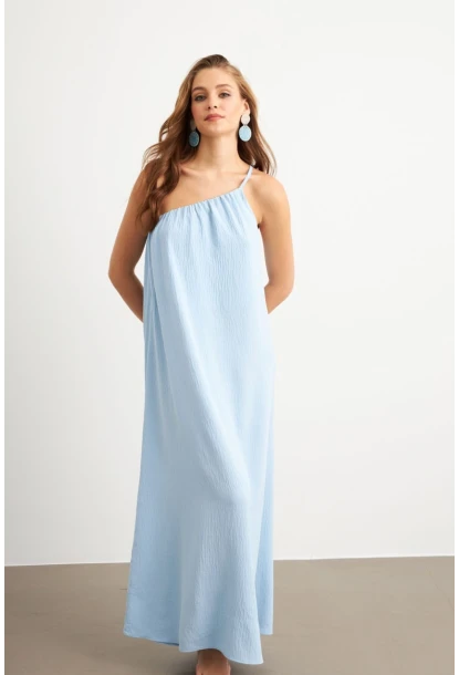 Kadın Bebe Mavi Tek Omuz Maxi Elbise İRE1012