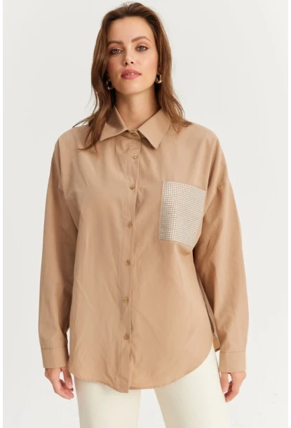 Kadın Bej Cepli Taşlı Gömlek ZER414