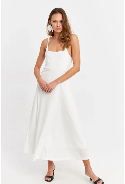 Kadın Beyaz Askılı Bürümcük Midi Elbise EY3057