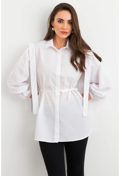 Kadın Beyaz Bağlama Detaylı Basic Gömlek MASF185
