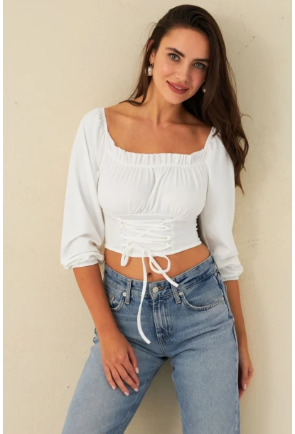 Kadın Beyaz Bağlama Detaylı Crop Bluz CG387