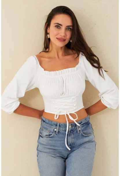 Kadın Beyaz Bağlama Detaylı Crop Bluz CG387