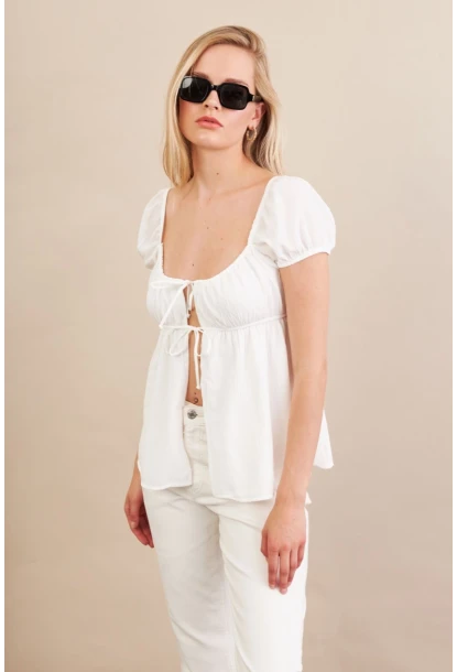 Kadın Beyaz Bağlamalı Rustik Bluz ZH128