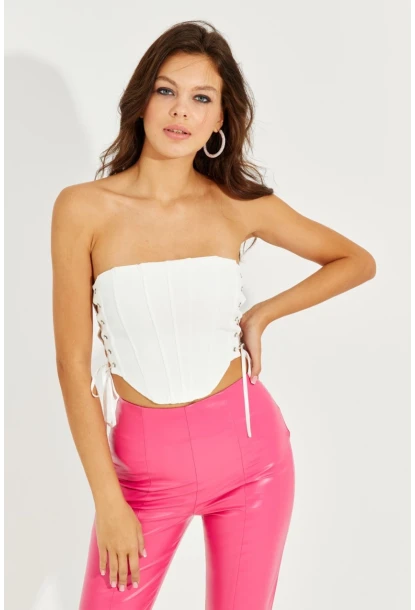 Kadın Beyaz Balenli Kuş Gözlü Sırt Fermuarlı Büstiyer YEL82