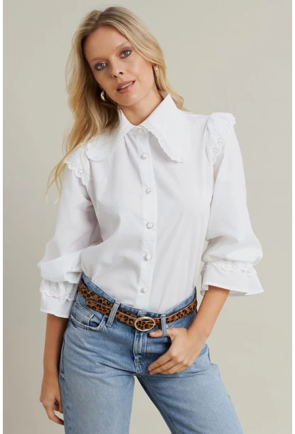 Kadın Beyaz Bebe Yaka Dantelli Gömlek MQS1839