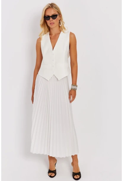 Kadın Beyaz Beli Lastikli Pilise Etek OW145