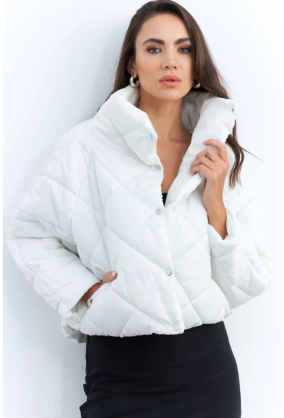 Kadın Beyaz Beli Lastikli Yarasa Kol Şişme Mont MX11