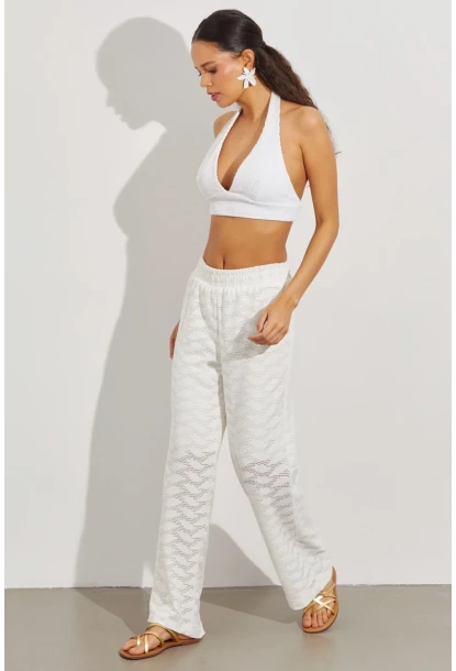 Kadın Beyaz Beli Lastikli Yarım Astarlı Brode Pantolon TW80018