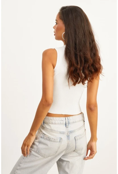 Kadın Beyaz Bisiklet Yaka Triko Bluz YV91