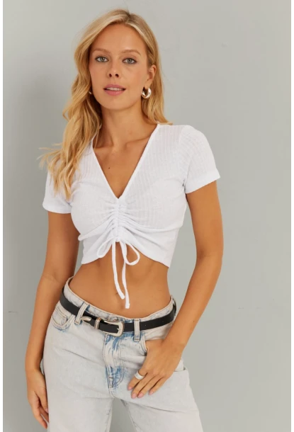 Kadın Beyaz Büzgülü Bluz AYD303