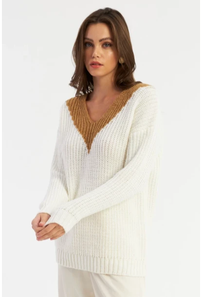 Kadın Beyaz-Camel V Yaka Triko Kazak SMT2434