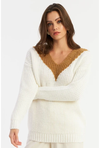 Kadın Beyaz-Camel V Yaka Triko Kazak SMT2434