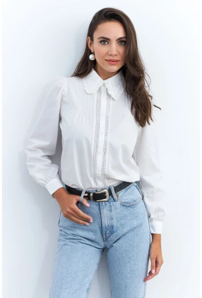 Kadın Beyaz Dantelli Balon Kol Gömlek MQS2492