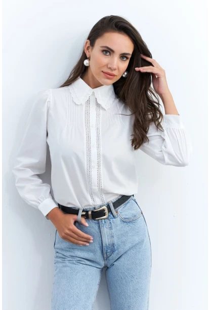 Kadın Beyaz Dantelli Balon Kol Gömlek MQS2492