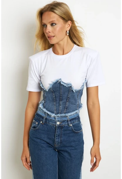 Kadın Beyaz Denim Bloklu Vatkalı  Bluz YZ636