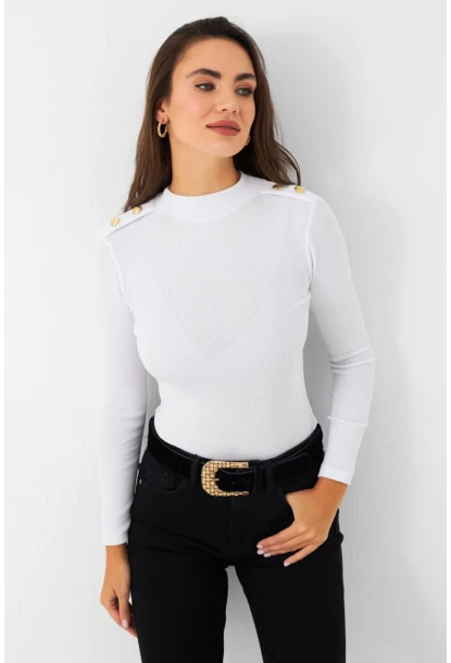 Kadın Beyaz Düğme Detaylı Bluz MAYD14