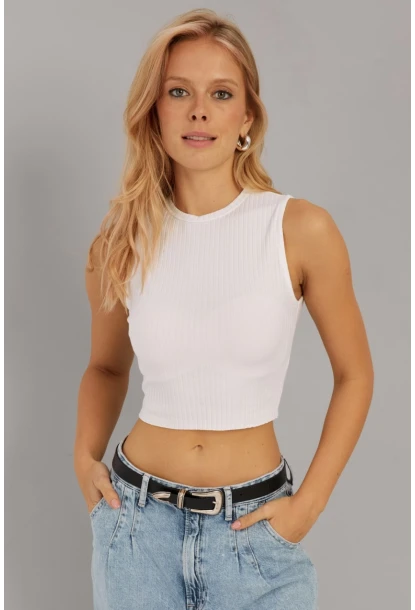 Kadın Beyaz Fitilli Crop Bluz LPP1262