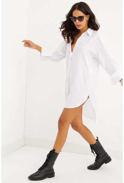 Kadın Beyaz Gizli Düğmeli Tunik Gömlek Elbise SF1292