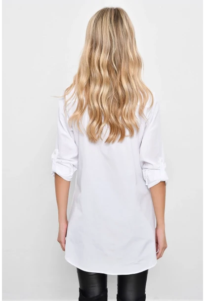 Kadın Beyaz Gizli Düğmeli Uzun Gömlek SF2001