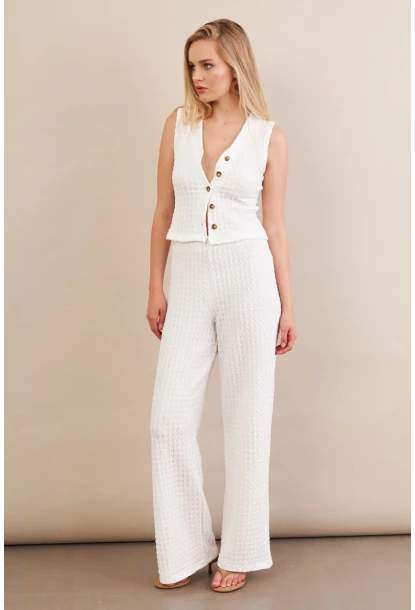 Kadın Beyaz Gofre Yelek Pantalon Takım FLU330