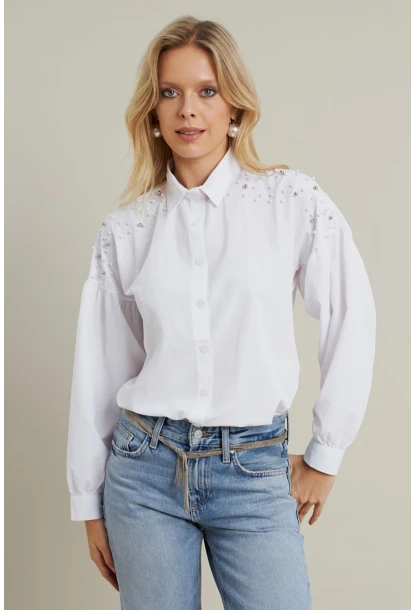 Kadın Beyaz İncili Balon Kol Gömlek MASF16