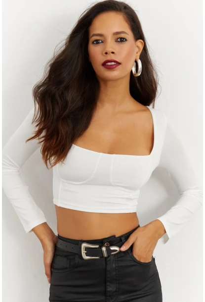 Kadın Beyaz Kare Yaka Crop Bluz CG263