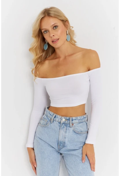 Kadın Beyaz Kare Yaka Crop Bluz CG364