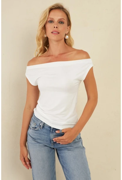 Kadın Beyaz Kayık Yaka Bluz LPP1288