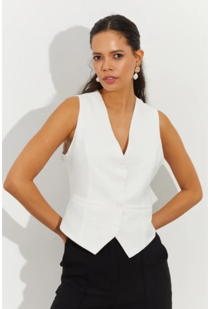 Kadın Beyaz Keten Astarlı Yelek TW60046