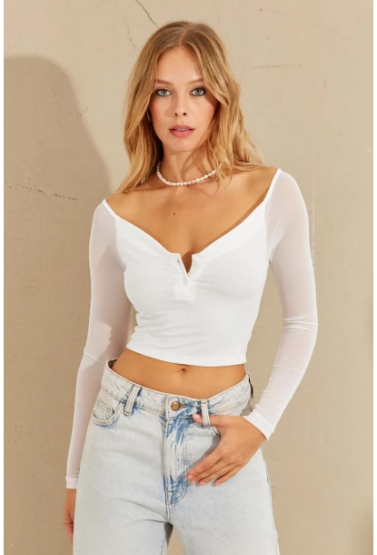Kadın Beyaz Kolları Tül Crop Bluz CG315