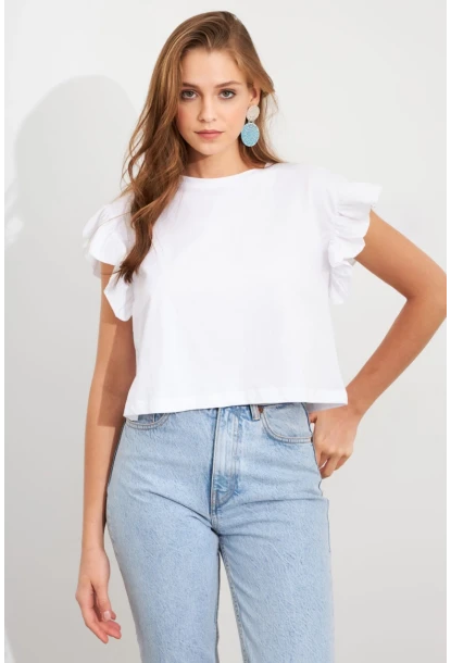 Kadın Beyaz Kolları Volanlı Crop T-Shirt SAN100