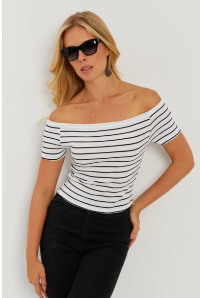 Kadın Beyaz Madonna Yaka Çizgili Kaşkorse Bluz AYD311