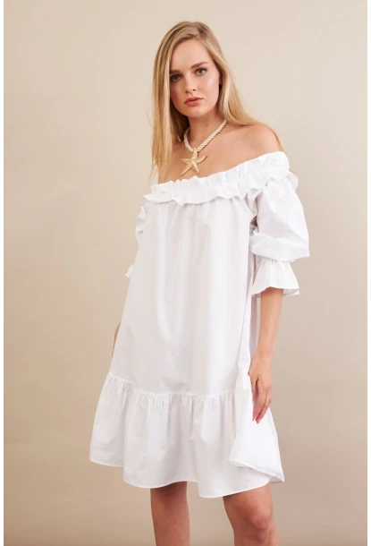 Kadın Beyaz Madonna Yaka Midi Elbise PSG1012