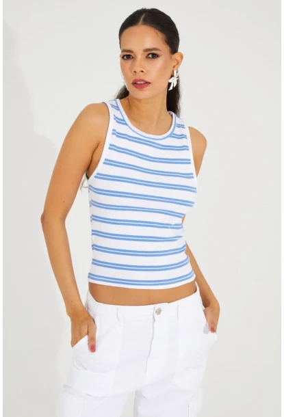 Kadın Beyaz-Mavi Çizgili Kaşkorse Bluz TSC126