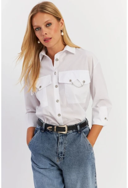 Kadın Beyaz Metal Detaylı Gömlek ASF13