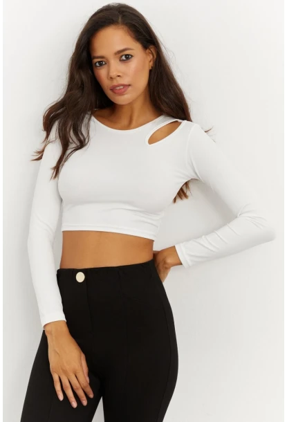 Kadın Beyaz Omuz Pencereli Crop Bluz CG262