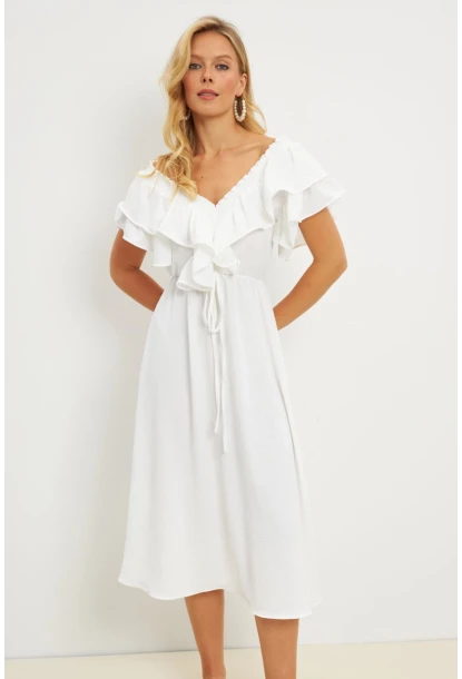 Kadın Beyaz Ön Arka V Volanlı Elbise KS113