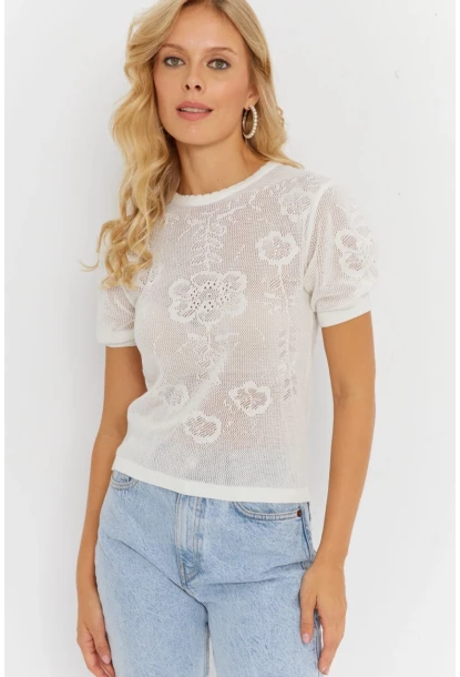 Kadın Beyaz Pointelle Triko Bluz KZ3197